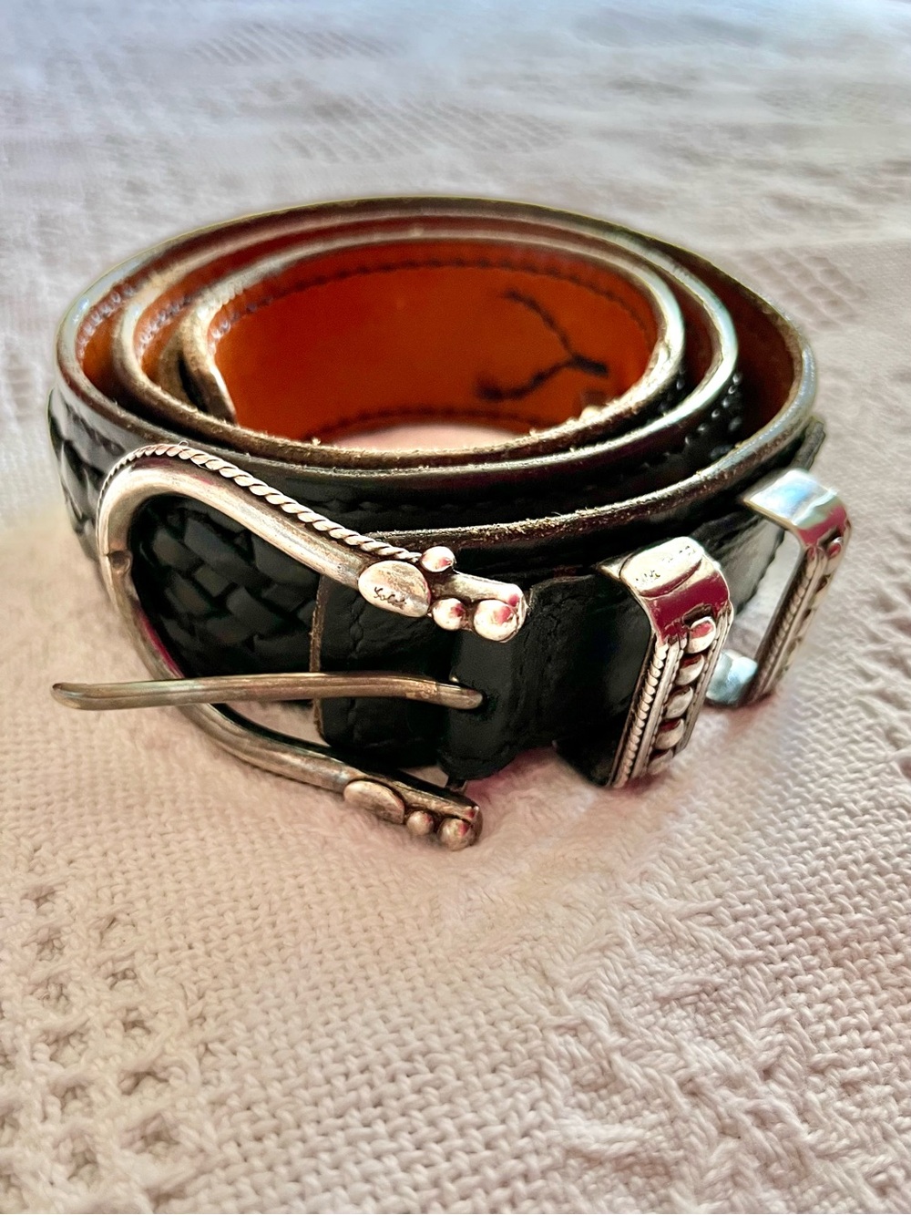 Men's Black Braided Leather Belt with Silver Buckle approx 42”